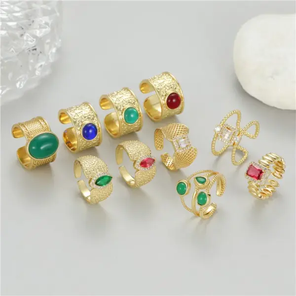 Wholesale Unisex U Shape Open Ring In Copper With 14K Real Gold Electroplated Finish Featuring May Birthstone Emerald