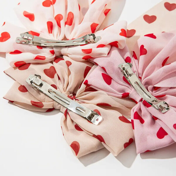 Wholesale  heart-shaped printed bow ribbon spring clip Valentine sweet hair clip creative hair accessories