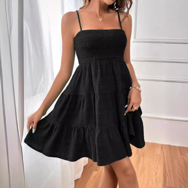 oly-9c02535a27d48ceb762613d244423001 Wholesale Women’s Summer Arrival One-character Collar Thin Sling Solid Color All-match Textured Dress