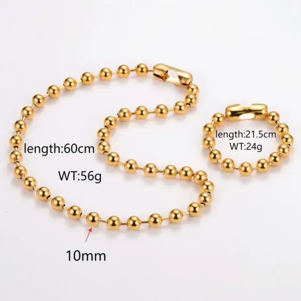 Wholesale AML Trendy Hip-Hop 304 Stainless Steel 10mm Round Bead Chain 18k Gold Plated Bracelet Necklace Set