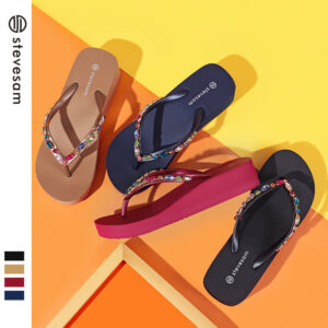Wholesale Rhinestone Flip-Flops for Women 2025 New Summer European and American Ins Trbottomy Thick-Soled Beach Flip-Flops Casual Wedge Sandals