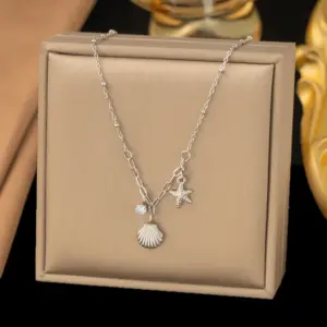 【QYH233】Starfish Shell Necklace / Steel Color