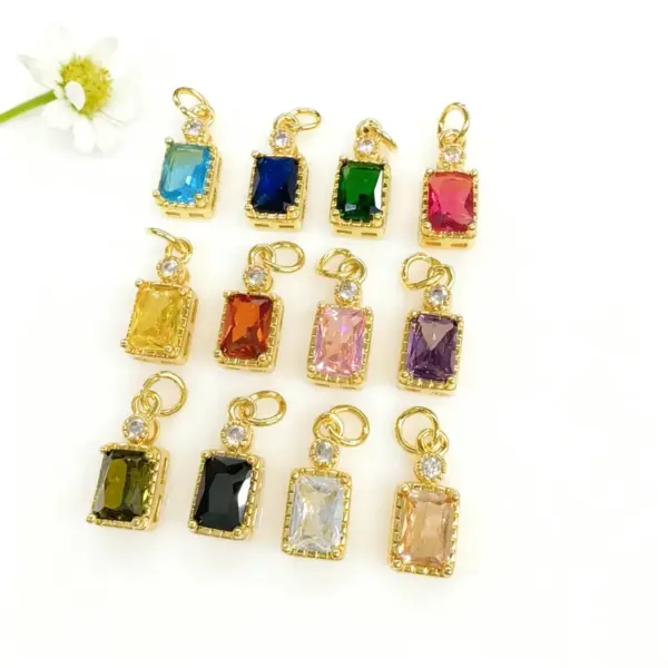 Wholesale 18K Gold Plated Copper Color Retention Rectangular Colorful Zircon Twelve Constellation Stone Pendant DIY Jewelry Hanging Water Plated Imitation Gold Geometric