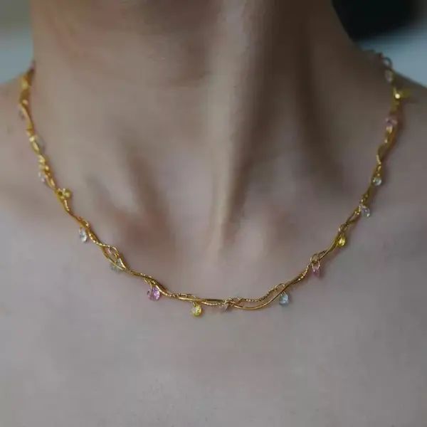 Wholesale French Style Line Wrapped Colorful Zircon Necklace For Women, Collarbone Chain, 304 Stainless Steel Gold-Plated Heart-Shaped Mixed Color Snake Chain
