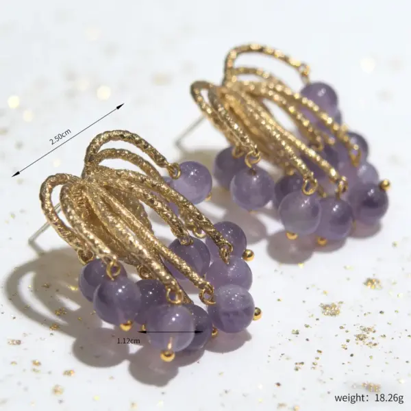 Wholesale Women’s Tassel Stud Earrings With Micro-Pavé Craft, 18K Real Gold Plated Brass Featuring February Birthstone Amethyst And UV Plating