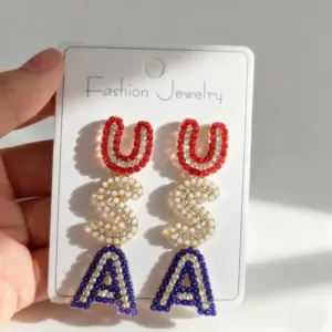 Wholesale Fashionable Diamond Earrings Women's Independence Day Anniversary Drop Earrings Alloy Zinc Earring Post USA Style Jewelry