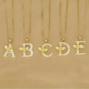Wholesale New Fashion Classic Bee Diamond Embedded 26 English Alphabet Gold Plated Copper Link Necklace For Women Ins Style Gold Color