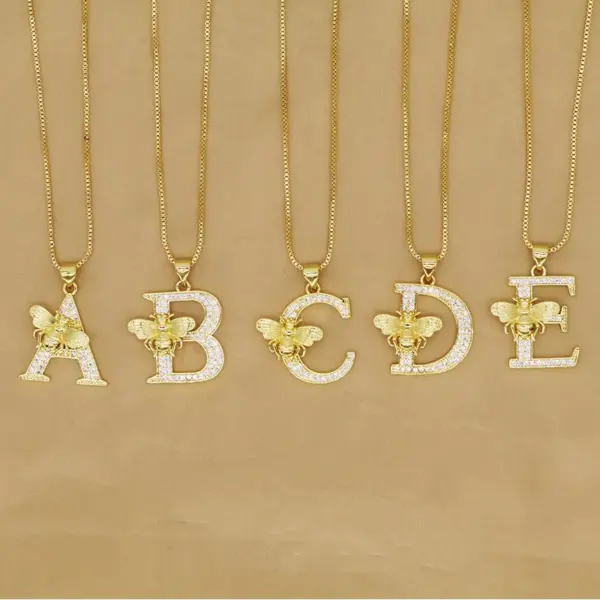 Wholesale New Fashion Classic Bee Diamond Embedded 26 English Alphabet Gold Plated Copper Link Necklace For Women Ins Style Gold Color