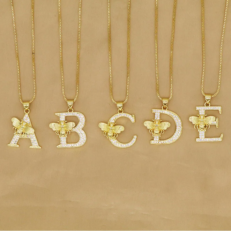 Wholesale New Fashion Classic Bee Diamond Embedded 26 English Alphabet Gold Plated Copper Link Necklace For Women Ins Style Gold Color