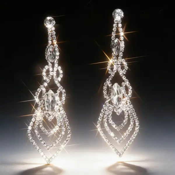 Wholesale Rhinestone Tassel Rhombus Geometric Stud Earrings Full Copper Material Full Diamond Earrings Street Style Silver Plated Drop Earrings