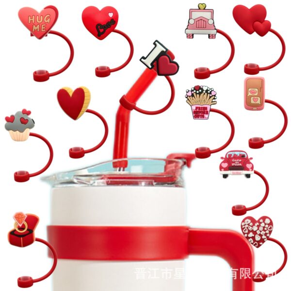 Wholesale Valentine's Day Love Series Straw Cap Food Grade Silicone Straw Dust Plug 8/10mm Straw Cover
