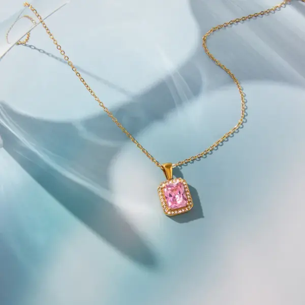 Wholesale Waterproof Square Necklace For Women In 304 Stainless Steel With 18K Gold Plated PVD Coating And Zircon Inlay