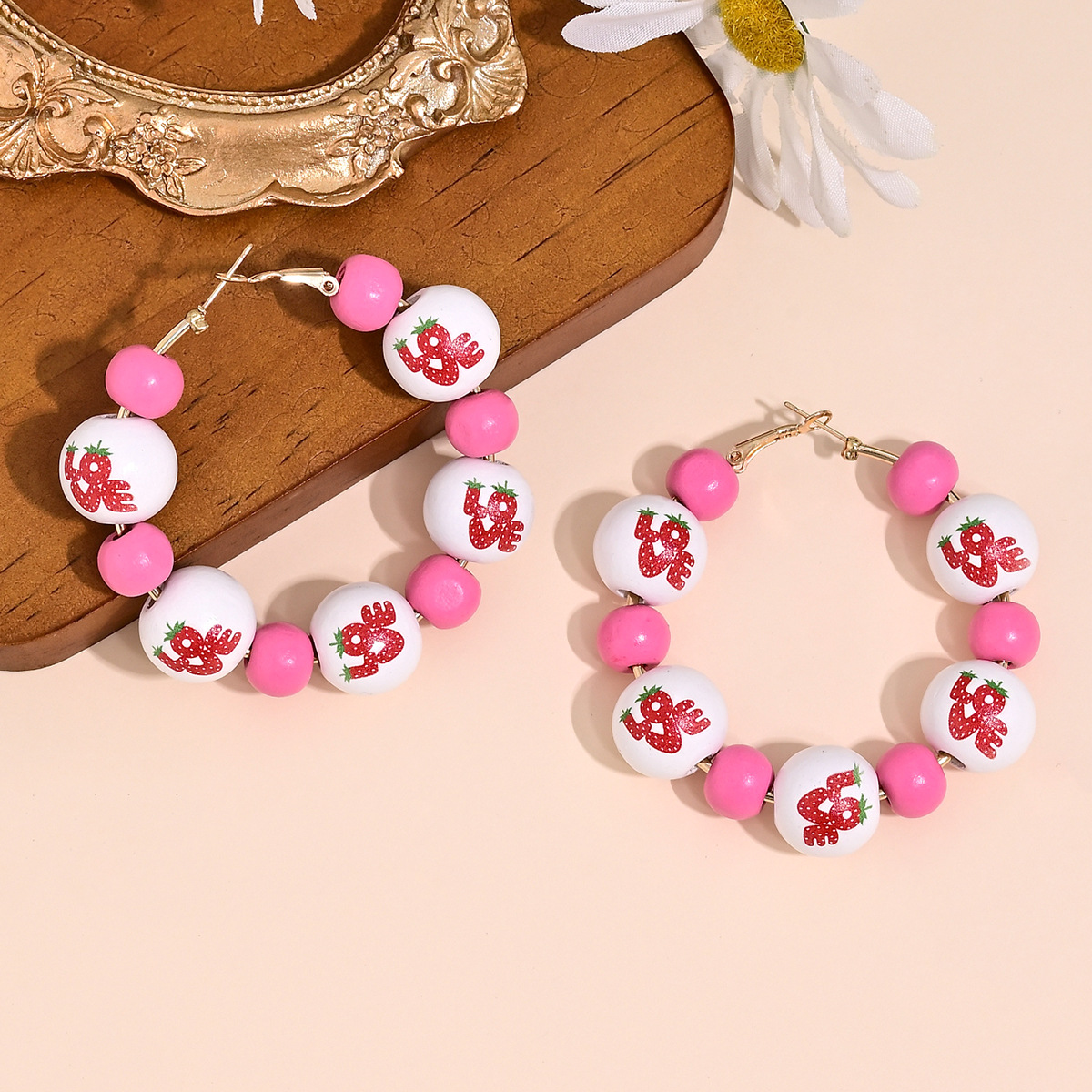 Wholesale Cross-border European and American Valentine's Day Romantic Love Love Print Wooden Bead Earrings Sweet Personality Beaded Hollow Ear Ring Ea