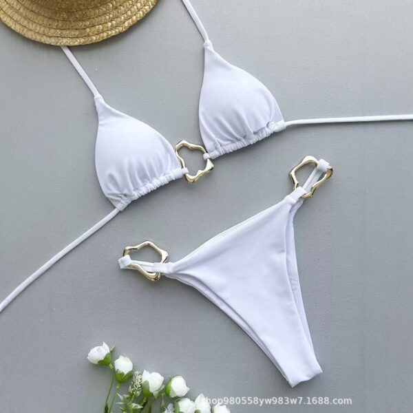 oly-9ec3211b0fa6e991f07c2a93801fdaaf Wholesale A20 Halter Bikini Swimsuit Breast Gathering Sexy Metal Buckle Triangle Women's Solid Color Separates Swimsuit