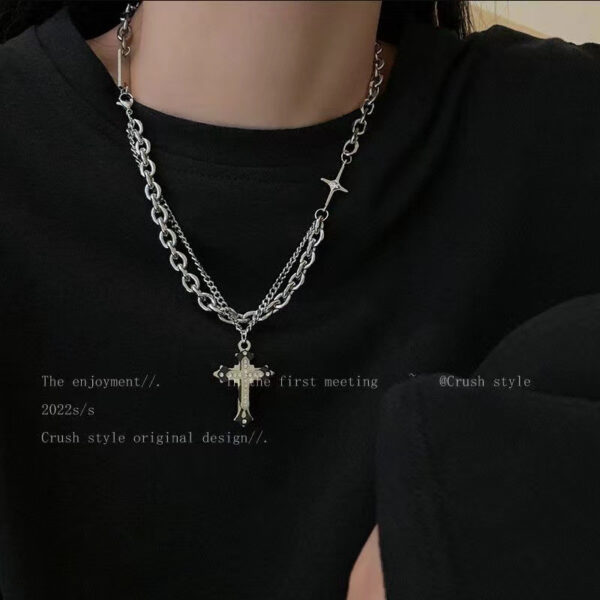 Wholesale Japanese and Korean Double-Layer Stitching Cross Pendant Necklace Women’s Autumn and Winter Cold Fashion Cool Sweat Chain Hip-Hop Accessories