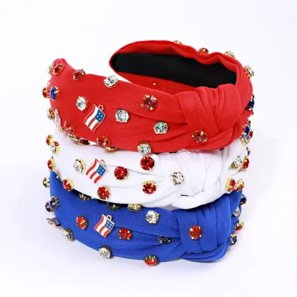Wholesale Wide-Brimmed American Flag Headband For Women With Diamond-Studded Knot Design, Available In Black, Red, And Blue