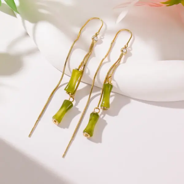 Wholesale 1 Pair Classical Romantic Bamboo Copper Zircon 14K Gold Plated Dangling Earrings