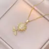 Wholesale 18K Real Gold Plated 304 Stainless Steel PVD Coated Pearl Zircon Flower Inlay Cable Chain Pendant Necklace