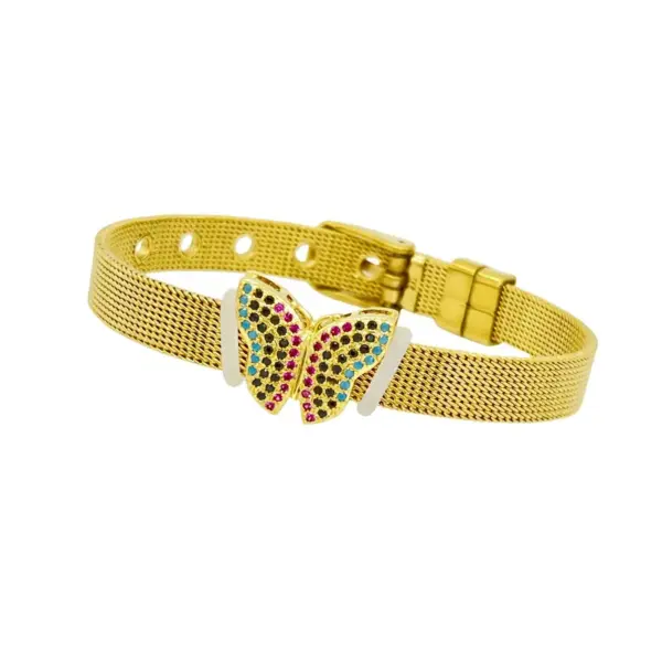 Wholesale Butterfly Bezel Setting Bracelet For Women In 304 Stainless Steel With Zircon Inlay And 0.03µm PVD Coated Gold Plating