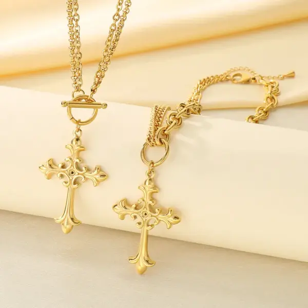 Wholesale Gothic Style Vintage Double Layered Stainless Steel Cross Bone Necklace Lobster Clasp Pendant Necklace For Women All Seasons