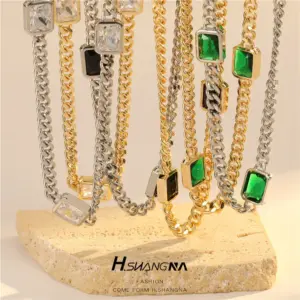Wholesale Geometric Cuban Chain Link Necklace For Women In Copper With 14K Real Gold Electroplated Finish And Zircon Inlay