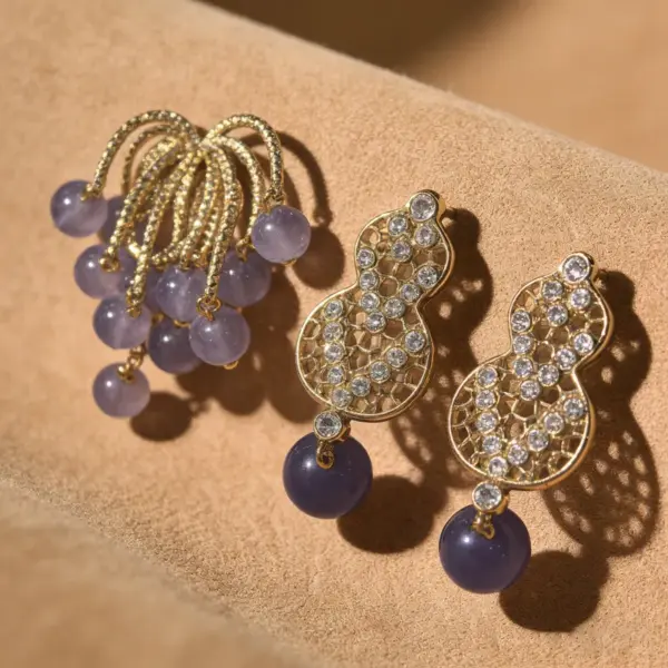 Wholesale Women’s Tassel Stud Earrings With Micro-Pavé Craft, 18K Real Gold Plated Brass Featuring February Birthstone Amethyst And UV Plating
