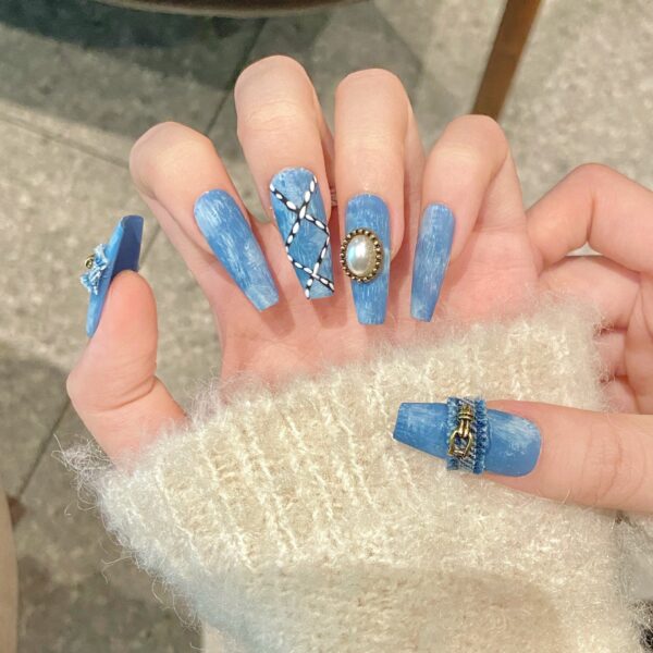 Wholesale Yihe Denim Style Cross Manicure Wearable Manicure Denim Raw Edge Handmade Original Design Diagonal Cut Hand-Painted