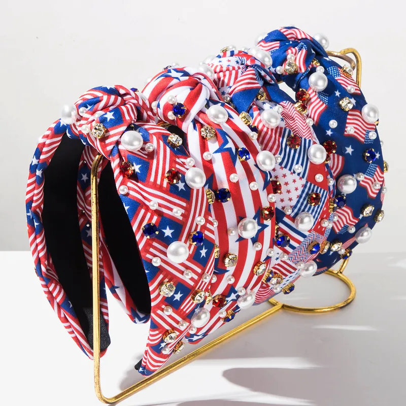 Wholesale American Flag Hair Band For Women In Red Cloth With Rhinestones, Perfect For Independence Day Celebrations