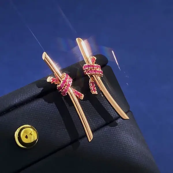 Wholesale Women’s Knot Stud Earrings With Claw Setting, 18K Real Gold Plated Brass Featuring Zircon, Water Plating Finish