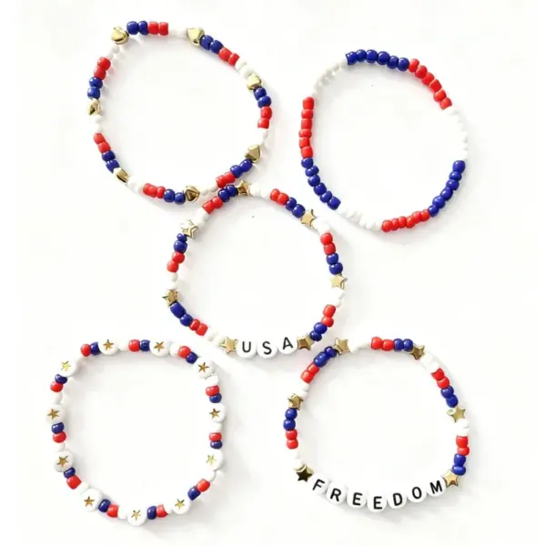 Wholesale Independence Day Stackable Beaded Bracelet Set Red White Blue USA FREEDOM Acrylic Cuff Unisex Style Letter Craft