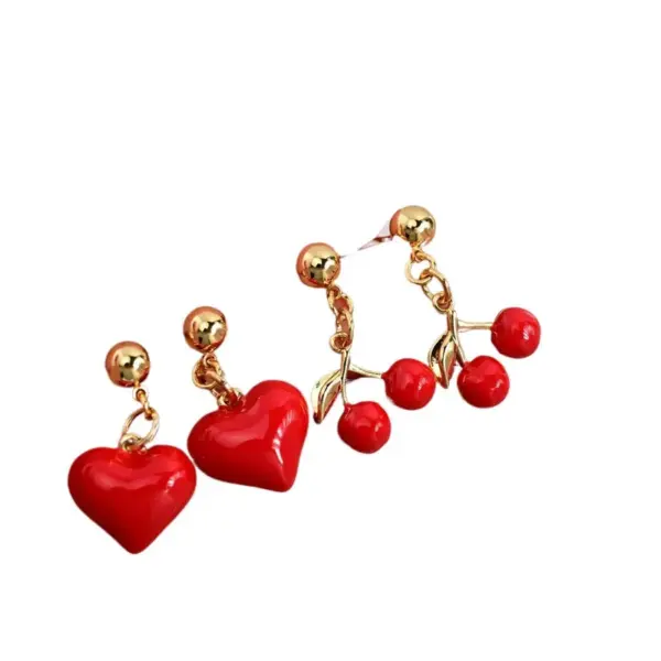 Wholesale Fashionable Love Heart Shaped Earrings Multi Styles Color Block Gold Base Copper Material Women's Jewelry Accessories Cherry Theme