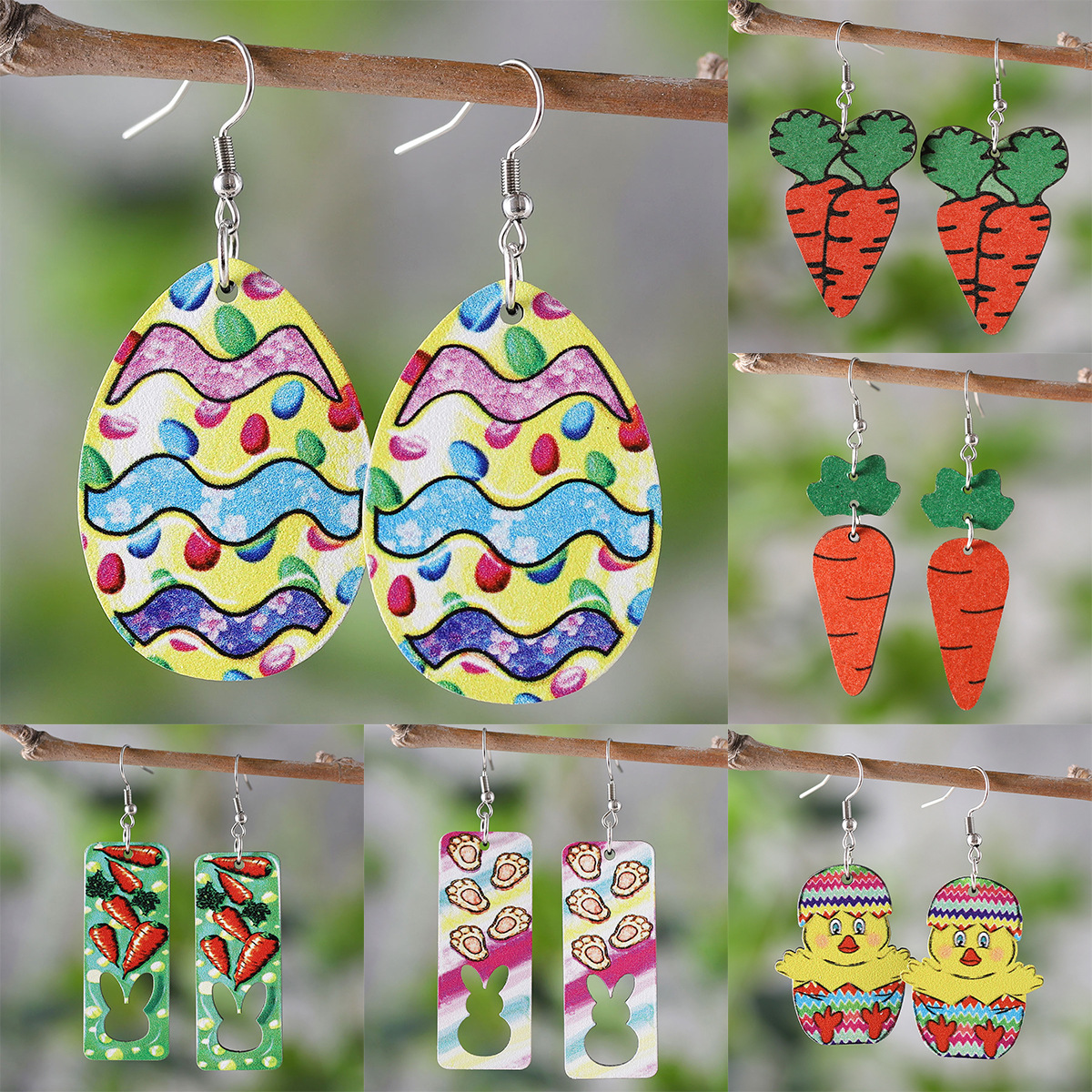 Wholesale Cross-border new Easter rabbit chicken striped egg carrot color hollow pendant earrings double-sided earrings