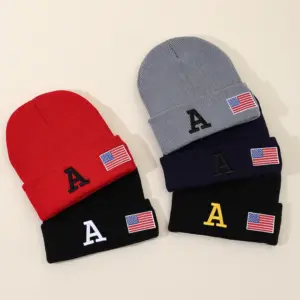 Wholesale Thermal Knitting Wool Cap Embroidery Letter A American Flag Pattern Autumn And Winter Fashion Street Style Hip Hop Street Snap High Street Men's And Women's Hats