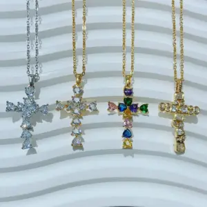 Wholesale Romantic Simple Luxury 18K Gold Plated Stainless Steel Zirconia Embedded Cross Pendant Necklace Copper Material Women's Jewelry