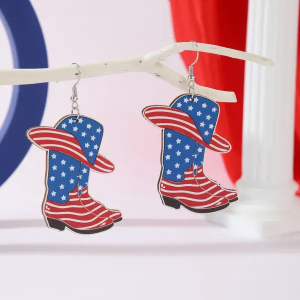 Wholesale 1 Pair Novelty Streetwear Water Droplets American Flag Boots Wood Drop Earrings