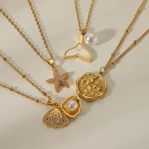 Wholesale 304 Stainless Steel Copper 18K Gold Plated Beach Simple Style Inlay Starfish Shell Fish Tail Artificial Pearls Zircon Pendant Necklace