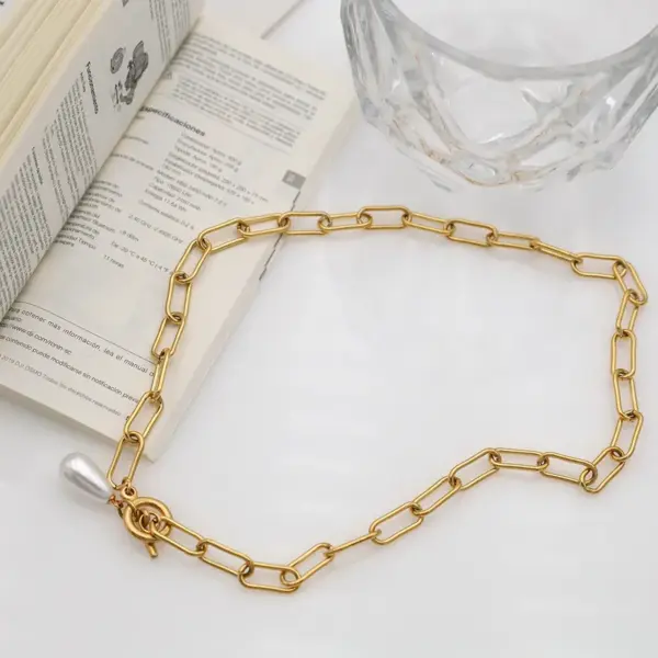 Wholesale 18K Gold OT Clasp Geometric Pearl Titanium Steel Women's Necklace With Round Plated Nylon Chain