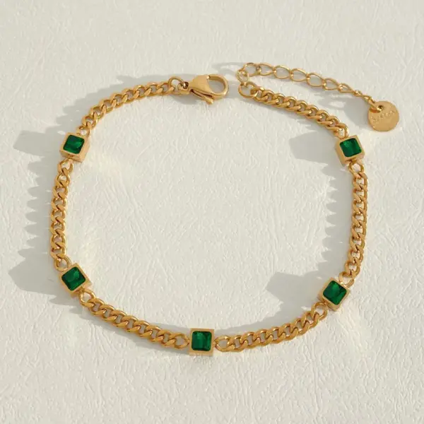 Wholesale Women’s Square Bracelets With Bezel Setting, 18K Real Gold Plated 304 Stainless Steel, PVD Coated Cable Chain Featuring Zircon Inlay