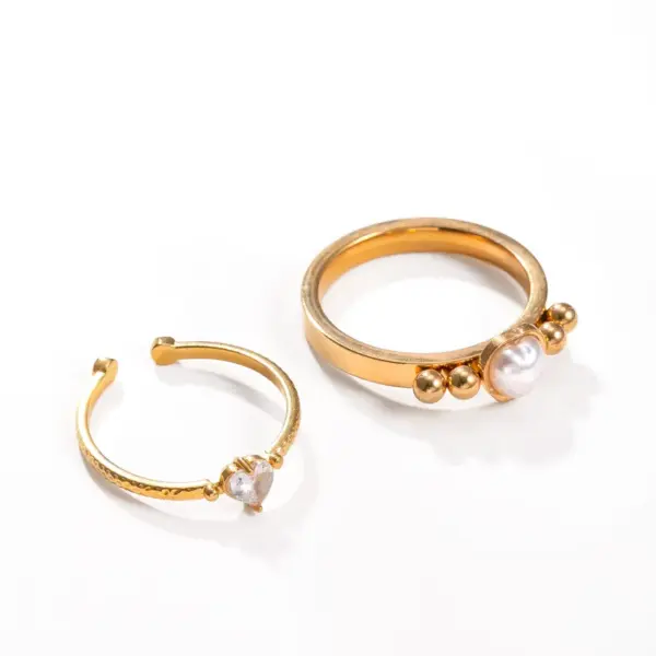 Wholesale Unisex Heart Shape Rings In 304 Stainless Steel With Rhinestone Inlay, Sweet Style, 2 Pieces Set