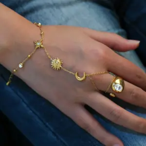 Wholesale Sun Star Moon Vacuum Plating (In Furnace) 304 Stainless Steel Zircon Plated 18K Real Gold Lobster Clasp Cable Chain/Cross Chain/O Chain Bracelet For Women