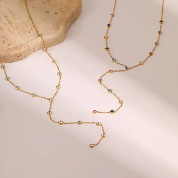 Wholesale Elegant Stainless Steel Necklace With Colorful Zirconia Tassel Lightweight Luxury Design Style Jewelry