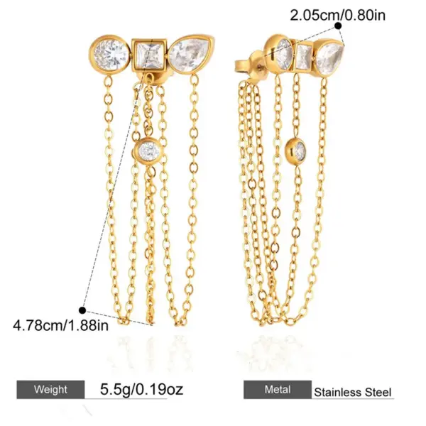 Wholesale 18K Gold Plated Jewelry 304 Stainless Steel Zircon Tassel Earrings Waterproof Non-Fading Vintage Classic Accessories