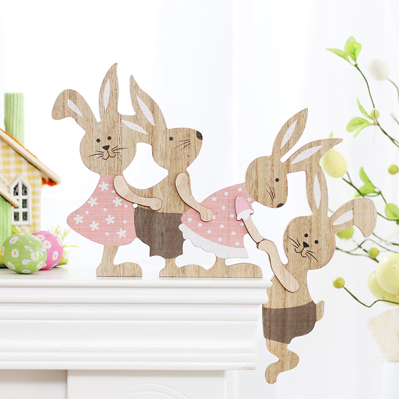 Wholesale Amazon cross-border new Easter home decoration ins painted seesaw rabbit wooden desktop ornaments