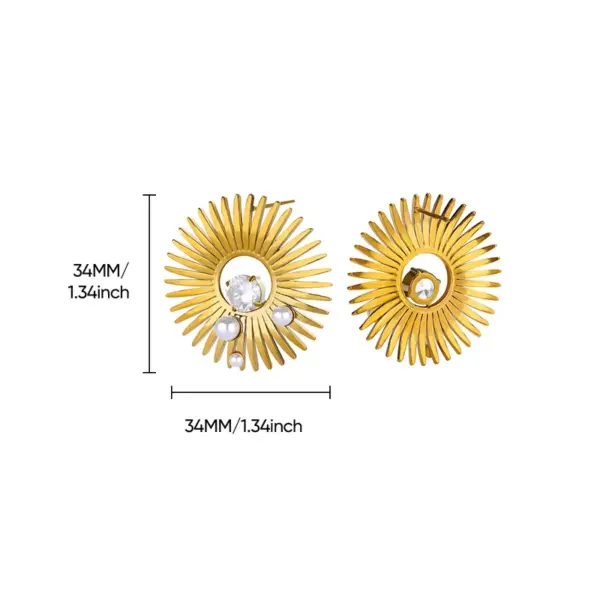 Wholesale Elegant Pearl Imitation Earrings For Women Gold Stainless Steel Sun Pattern Geometric Zirconia Embedded Jewelry Accessories