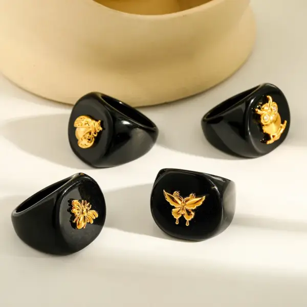 Wholesale 304 Stainless Steel Vacuum Furnace Plated 18K Real Gold Geometric Acrylic Animal Owl Bee Ladybug Butterfly Unisex Ring