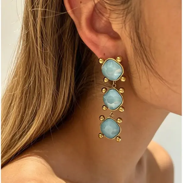 Wholesale Square Waterproof Non Tarnish Dangling Earrings For Women, 304 Stainless Steel With 18K Real Gold Plated PVD Coating And Crystal Inlay