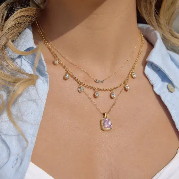 Wholesale Waterproof Square Necklace For Women In 304 Stainless Steel With 18K Gold Plated PVD Coating And Zircon Inlay