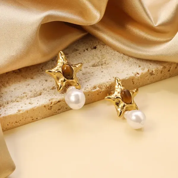 Wholesale Vacuum Electroplating (In Furnace) Plated Imitation Gold Imitation Pearl Starfish Earrings Ladies 304 Stainless Steel Oval Cat's Eye Earrings Fashion Irregular Geometric Shape