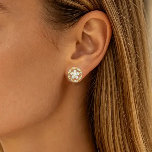 Wholesale Three-dimensional Flowers Stud Earrings For Women, Electroplated Copper With Golden Plated Finish And Zircon Inlay