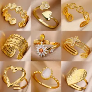 Wholesale 304 Stainless Steel Copper Starfish Heart Shape Shell PVD Coated Real Gold Plated Simple Style Waterproof Non Tarnish Plating Open Rings